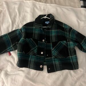 CeCe Green and Black Jean Jacket with Cropped Style and Flannel Material